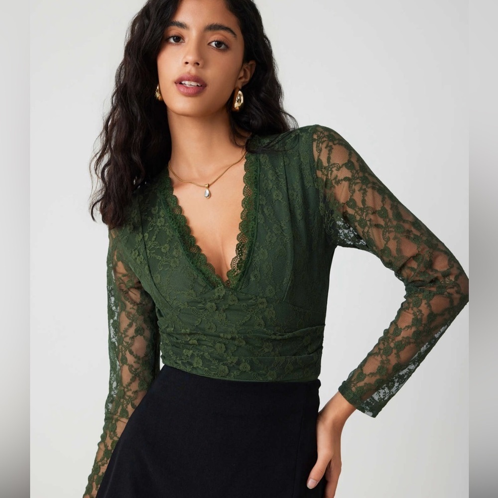 Cider Forest Green Lace Long-Sleeve V-Neck Bodysuit
